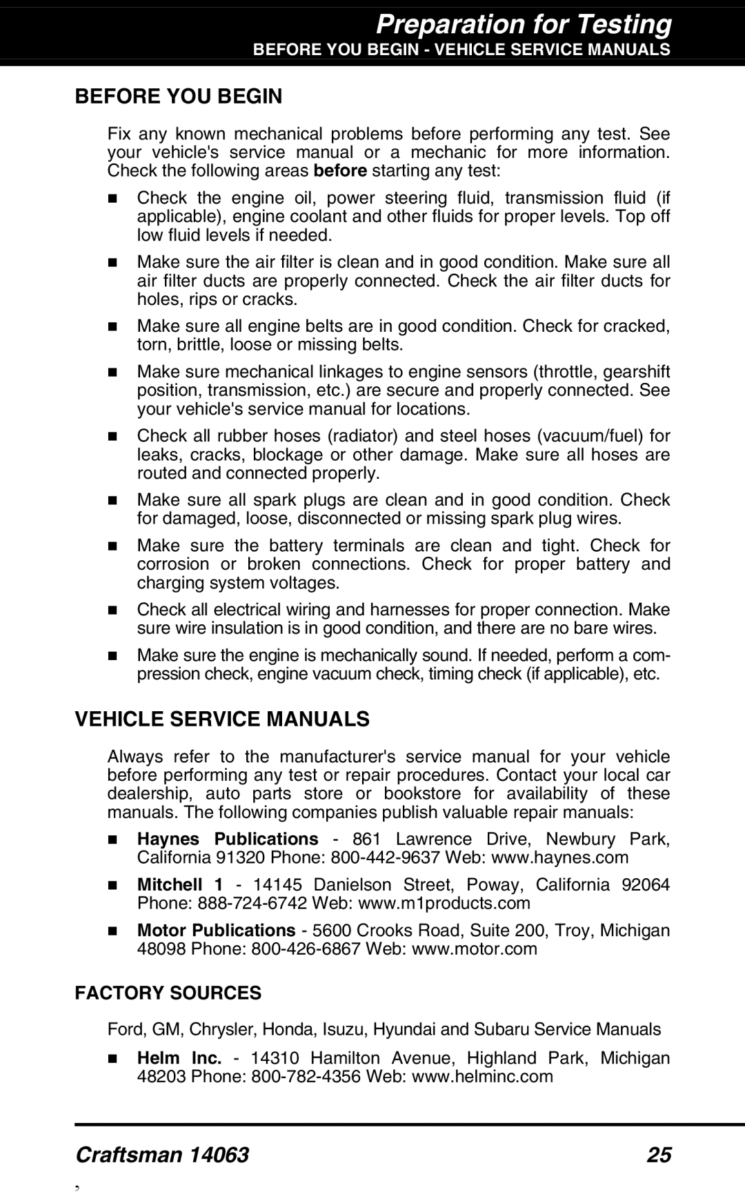 Craftsman 14063 manual Preparation for Testing, Before YOU Begin 