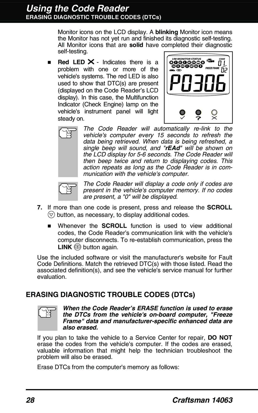 Craftsman 14063 manual Erasing Diagnostic Trouble Codes DTCs 