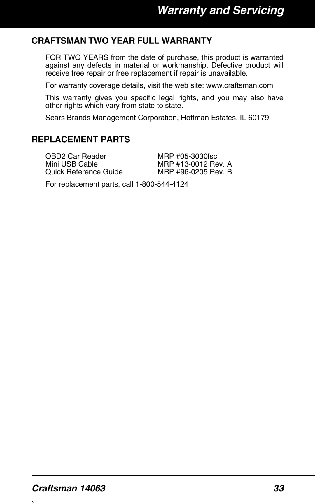 Craftsman 14063 manual Warranty and Servicing, Craftsman TWO Year Full Warranty, Replacement Parts 