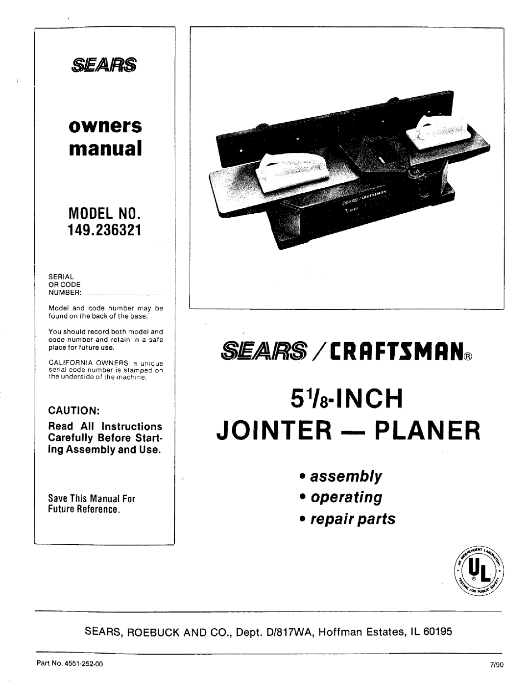 Craftsman 149.236321 owner manual Modelno, Serial Or Code Number 