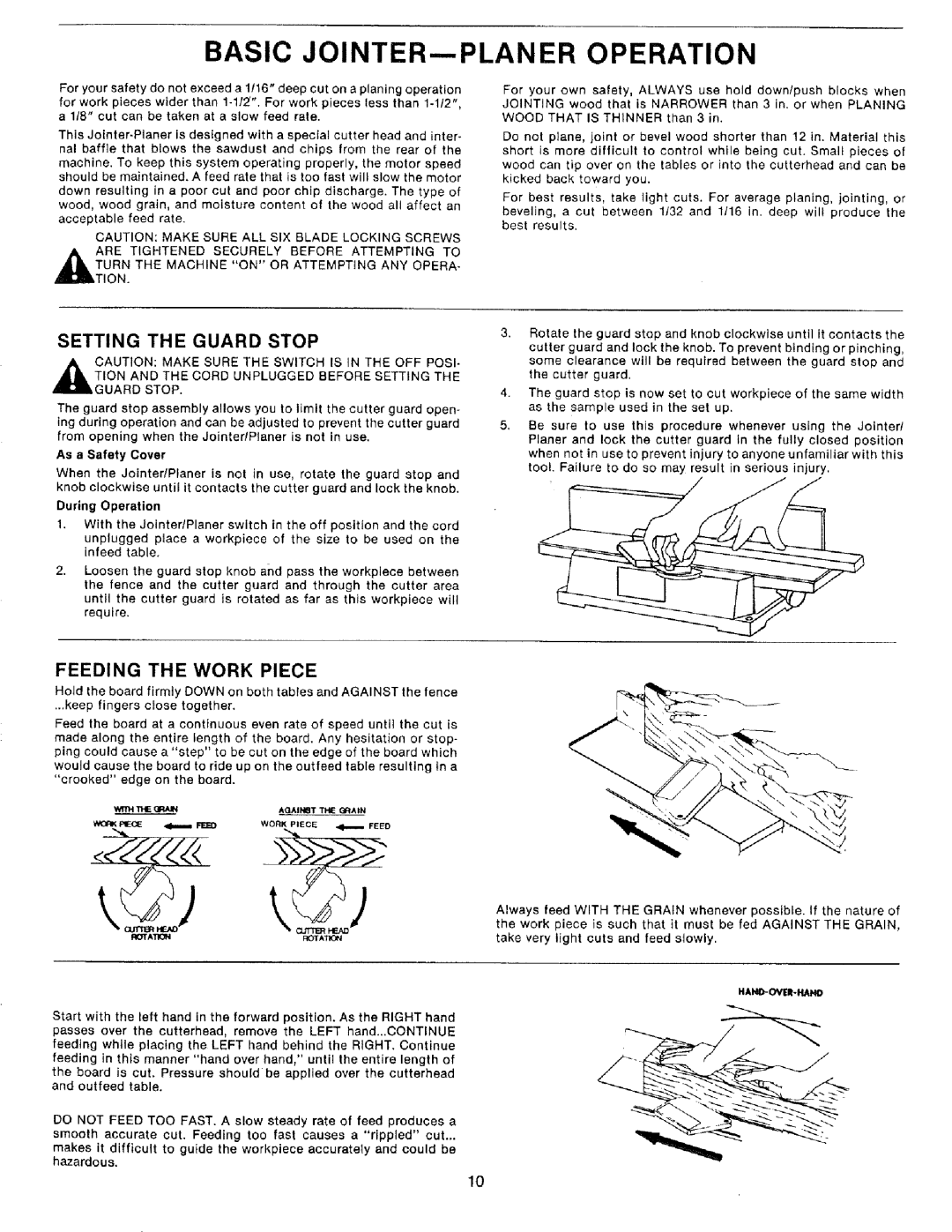 Craftsman 149.236321 owner manual Basic JOINTER--PLANER Operation, Setting the Guard Stop, Feeding the Work Piece 