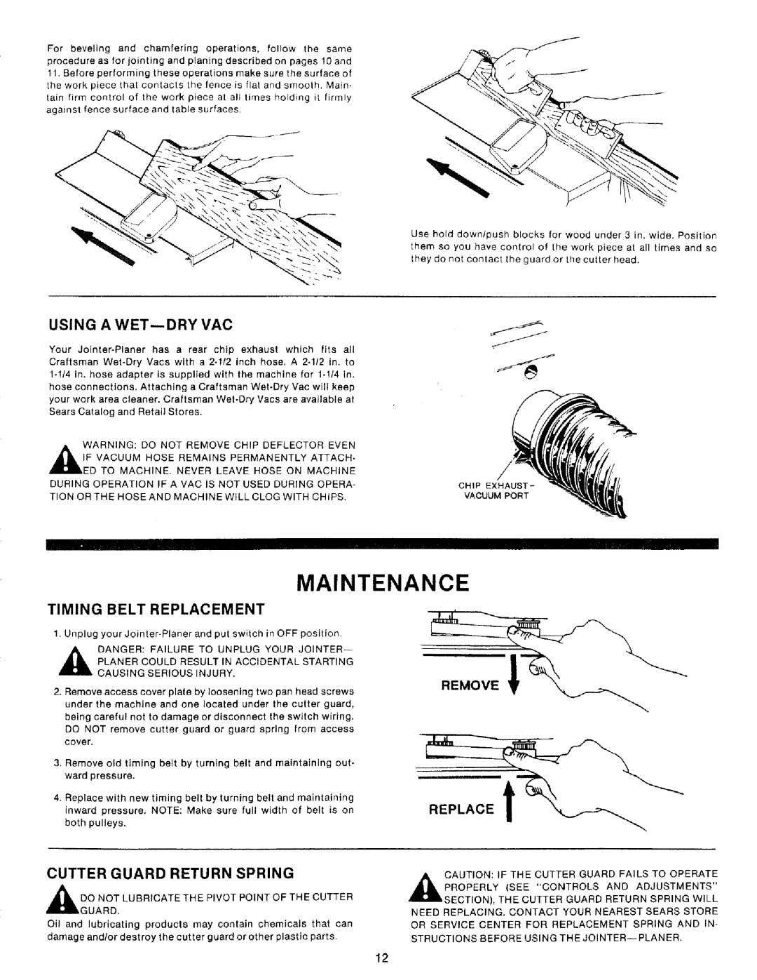 Craftsman 149.236321 owner manual Maintenance, Using a WET-- DRY VAC, Timing Belt Replacement, Cutter Guard Return Spring 