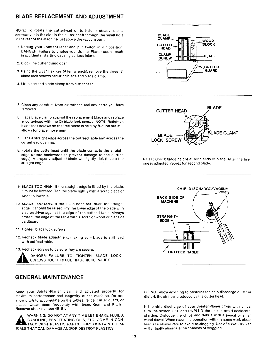 Craftsman 149.236321 owner manual Blade Replacement and Adjustment, General Maintenance, Chip DI 8CHARGE./VACUUM 