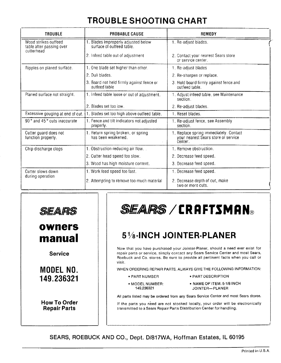 Craftsman 149.236321 owner manual Trouble Shooting Chart, Modelno, Jointer--Planer 