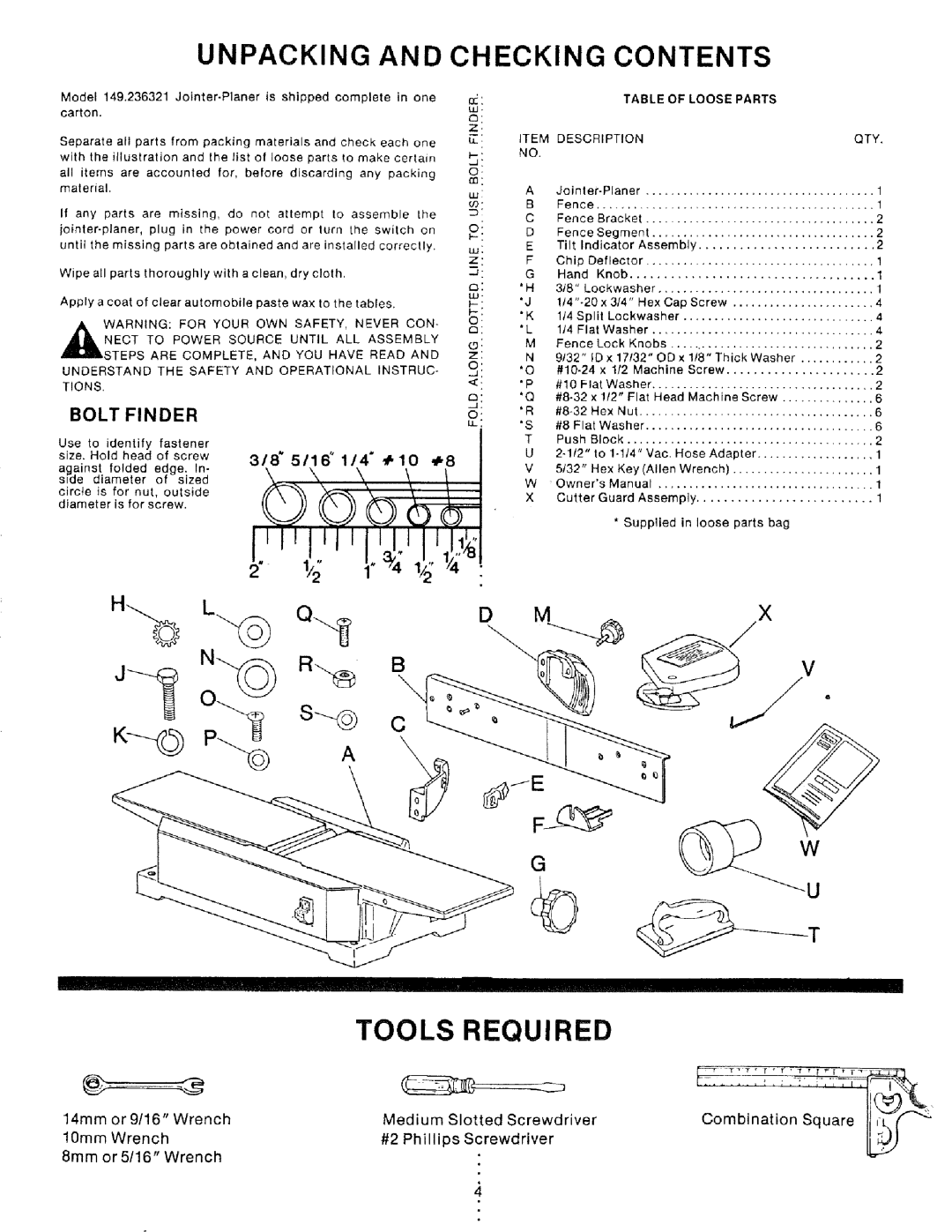 Craftsman 149.236321 owner manual Unpacking and Checking Contents, Tools Required 