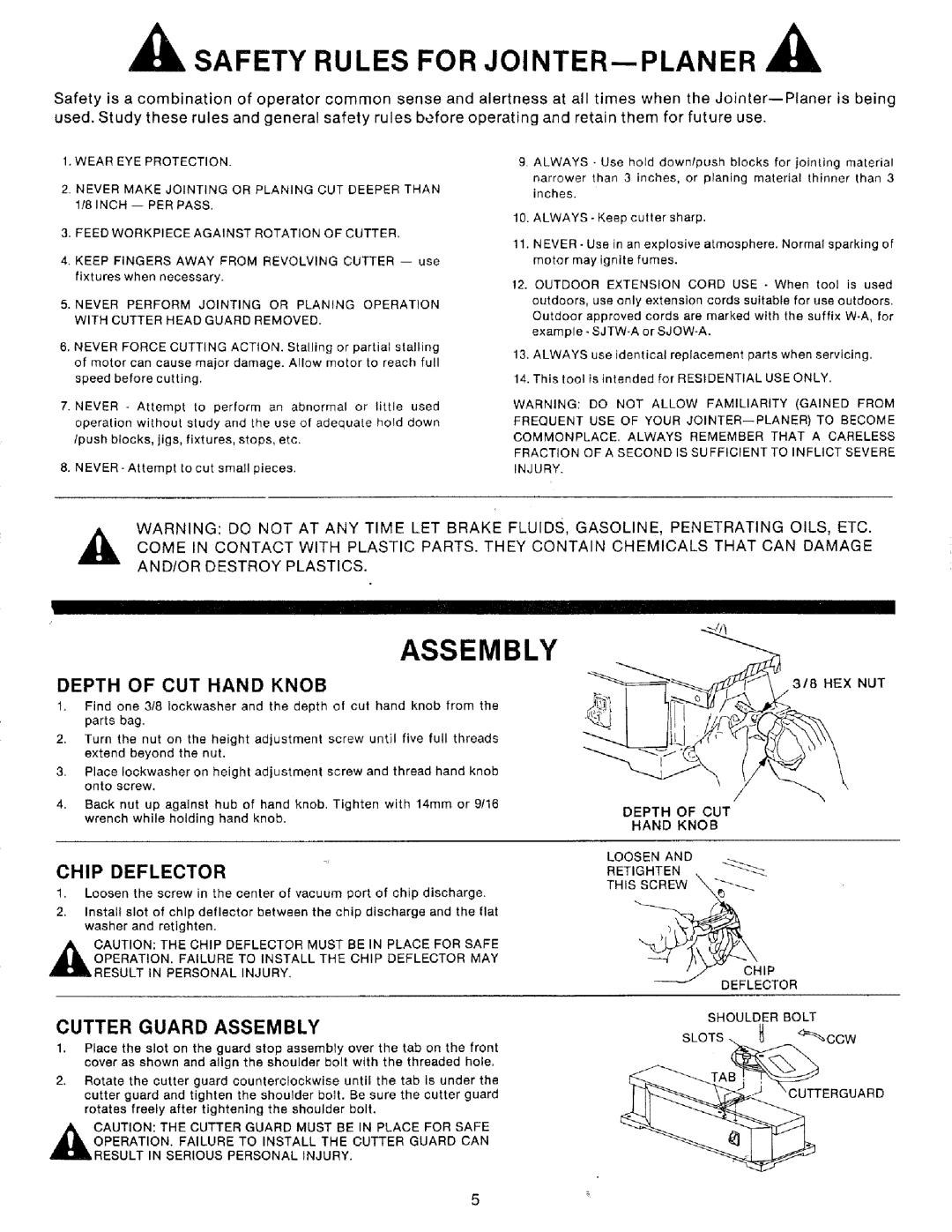 Craftsman 149.236321 Safety Rules for JOINTER--PLANER, Cutter Guard Assembly, Depth of CUT Hand Knob, Chip Deflector 