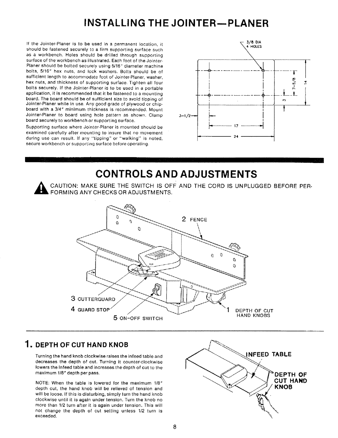 Craftsman 149.236321 Installing, Jointer--Planer, Controls and Adjustments, Fence Cutterguard Guard Stop ON-OFF Switch 