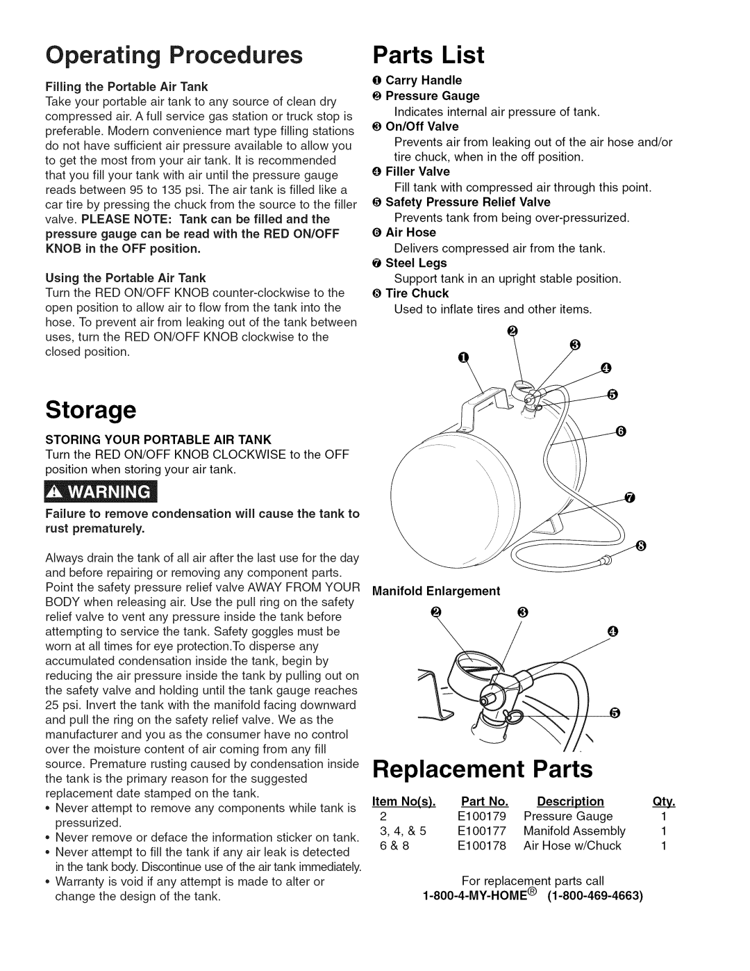 Craftsman 15201, 15200 owner manual Operating Procedures, Parts List, Storage, Replacement Parts 