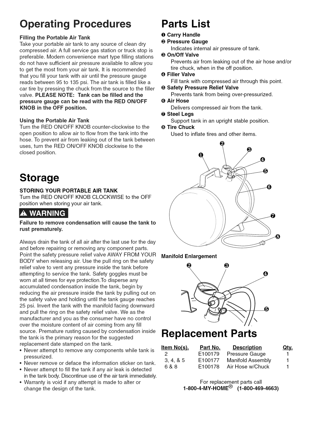 Craftsman 15201, 15200 Operating Procedures, Parts List, Storage, Replacement Parts, O Carry Handle Pressure Gauge 