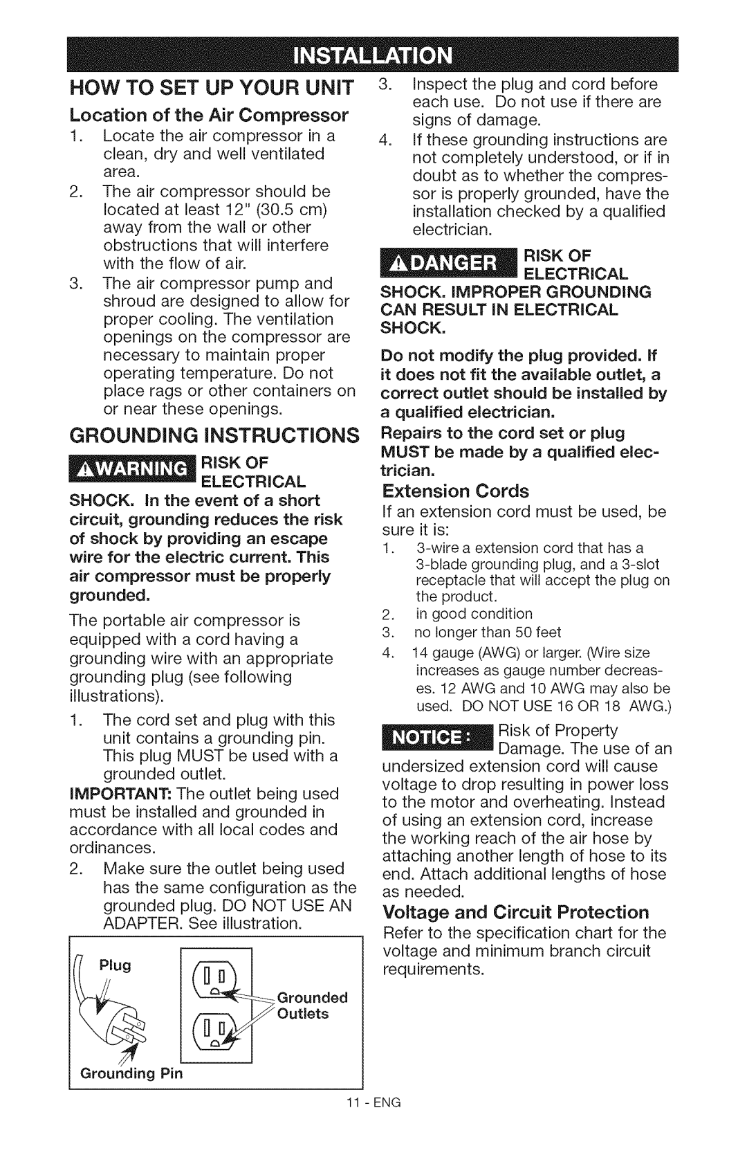 Craftsman 15206 Location of the Air Compressor, Grounding Instructions, Risk Electrical, Voltage and Circuit Protection 