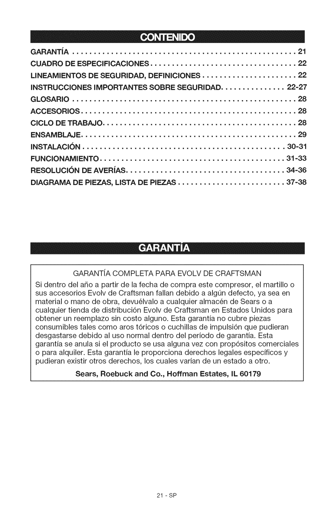 Craftsman 15206 manual Ciclo DE Trabajo, Funconamiento, RESOLUCI6N DE Averias 