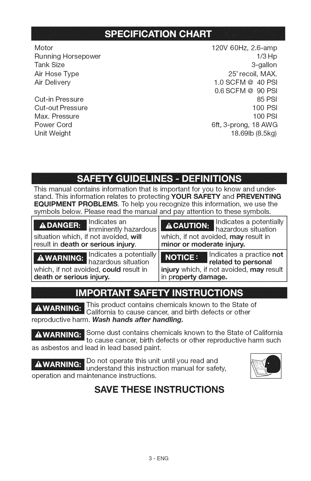 Craftsman 15206 manual 6SCFM PSI, Reproductive harm. Wash hands after handling 