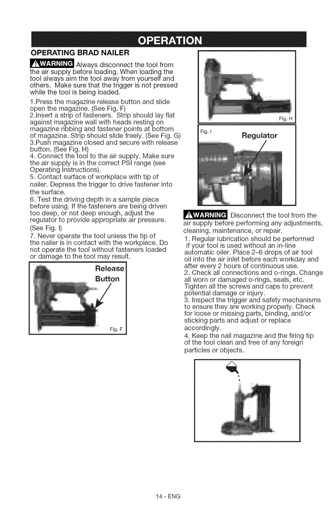 Craftsman 15206 manual Buon, Operating Brad Nailer 