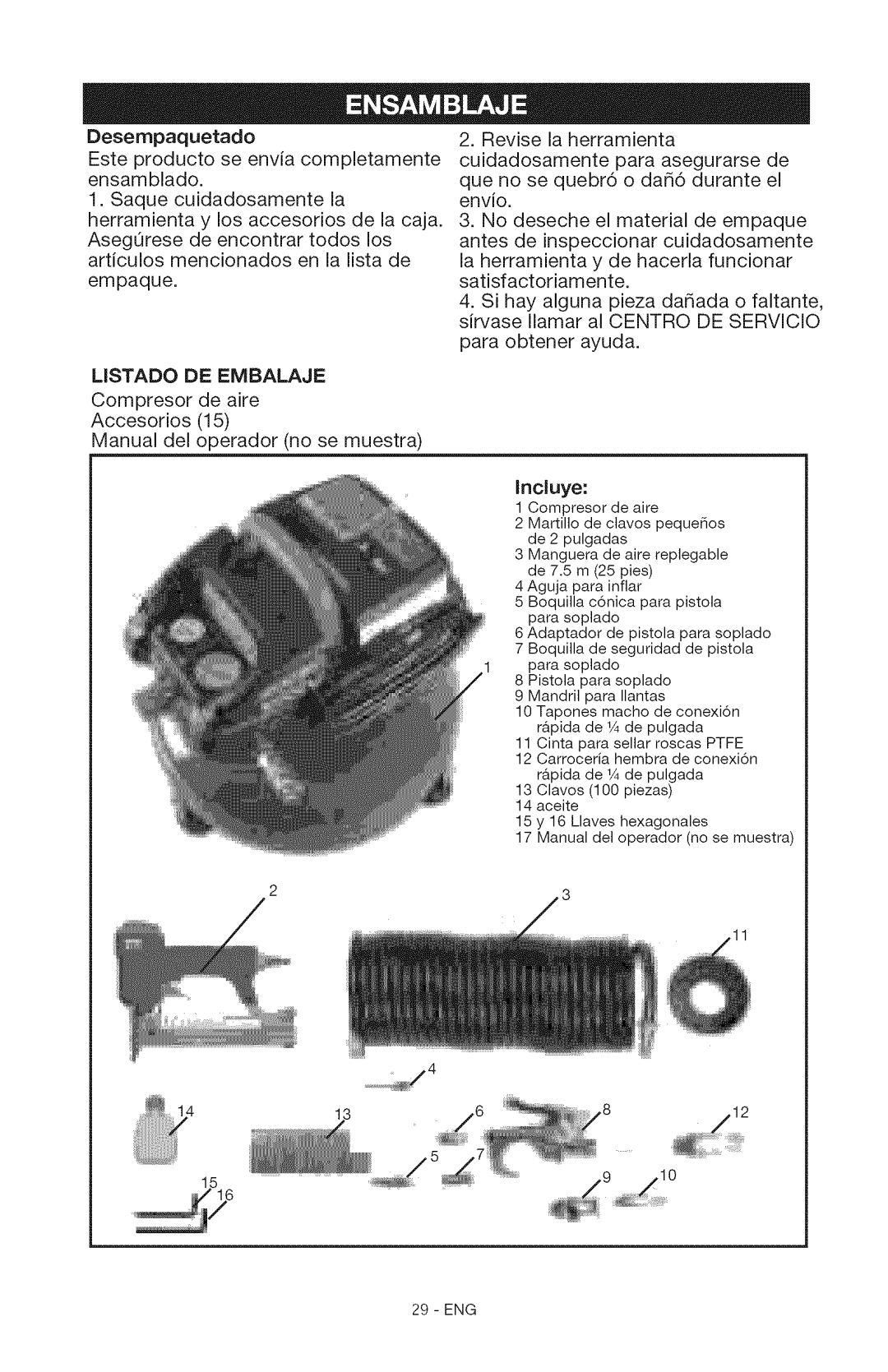 Craftsman 15206 manual Desempaquetado, LiSTADO DE EMBALAJE, Inciuye 