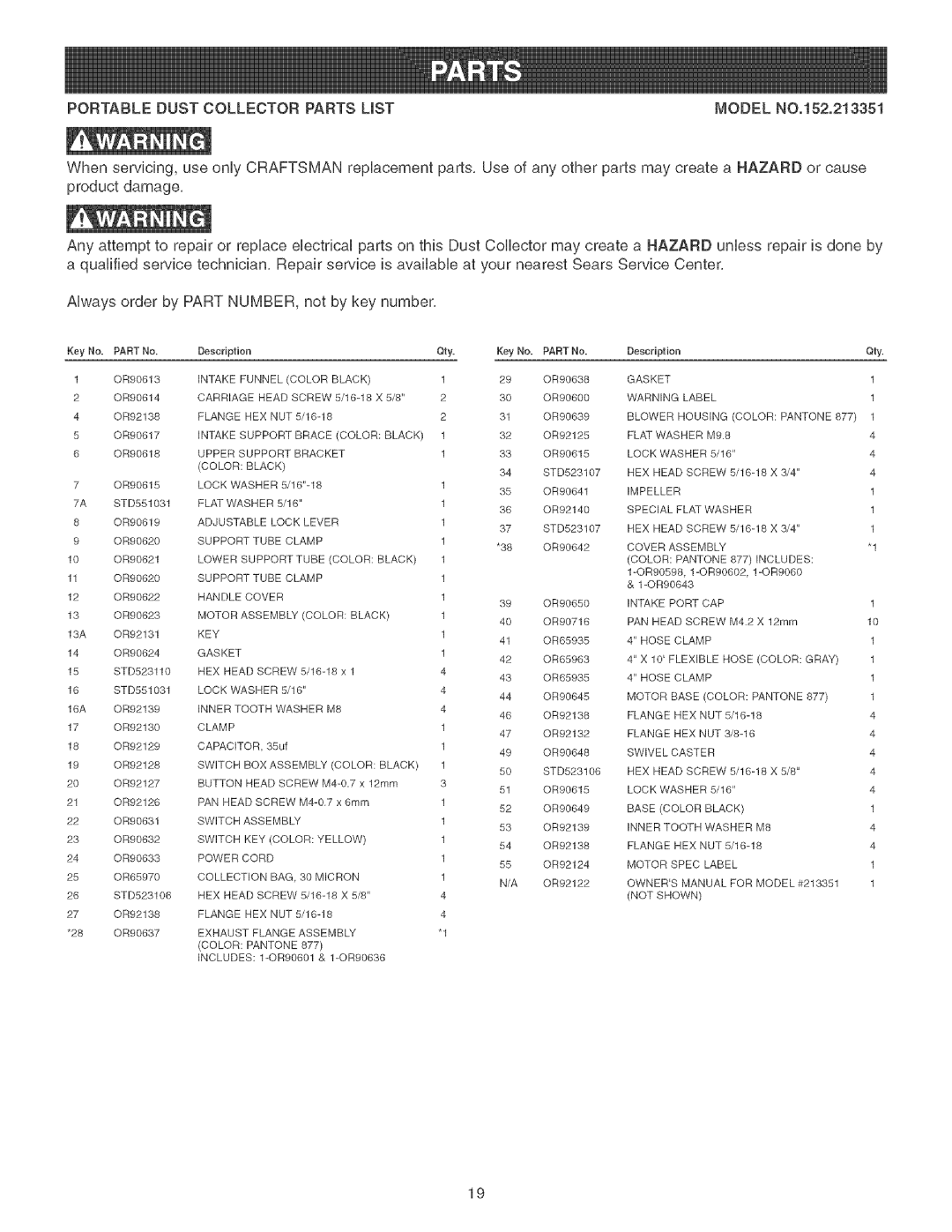 Craftsman operating instructions PORTABLEDUSTCOLLECTORPARTSUSTMODELNO.152.213351, AlwaysorderbyPARTNUMBER,notbykeynumber 