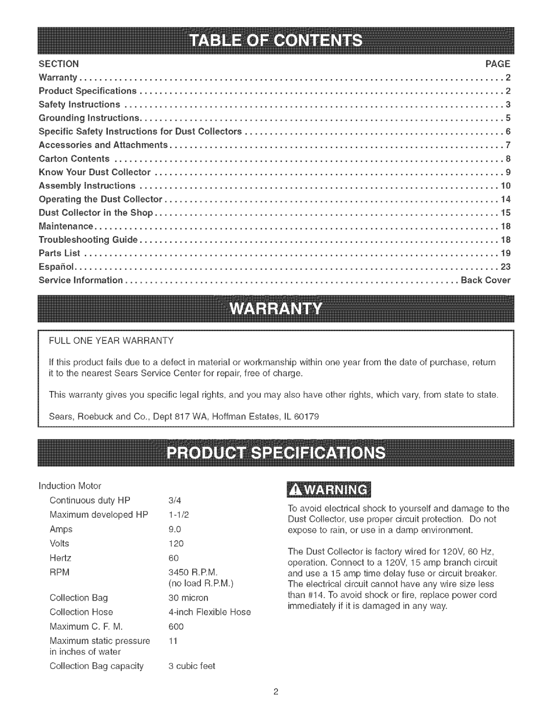 Craftsman 152.213351 operating instructions Full ONE Year Warranty, Rpm 