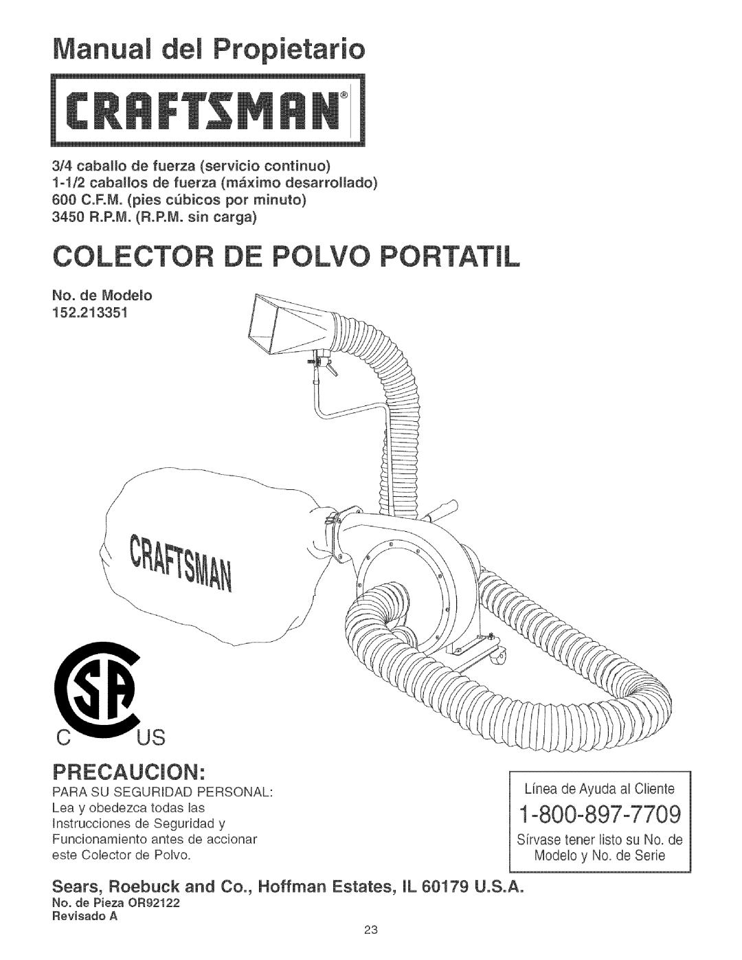 Craftsman 152.213351 operating instructions Anual Propietario, Sears, Roebuck and Co., Hoffman Estates, JL 60179 U.S.A 