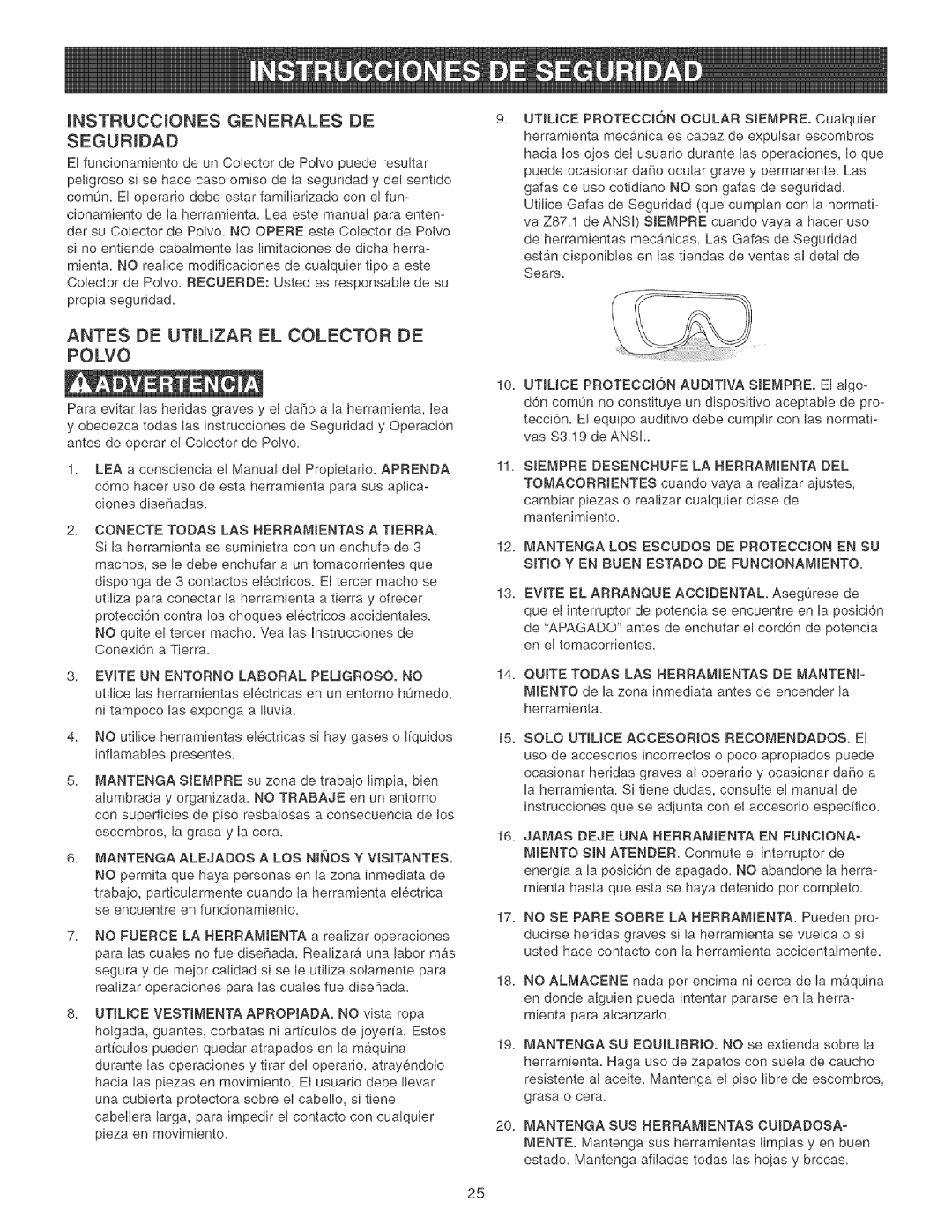 Craftsman 152.213351 operating instructions Antes DE UTlUZAR EL Colector DE Polvo 