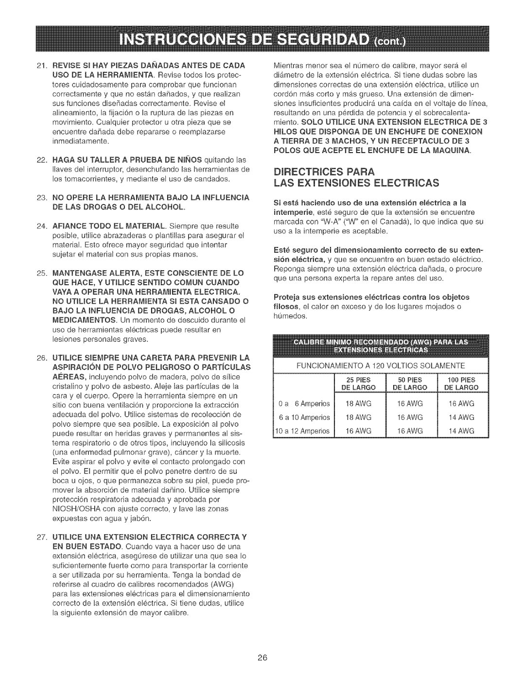 Craftsman 152.213351 operating instructions Drectrices Para LAS Extensiones Electricas 