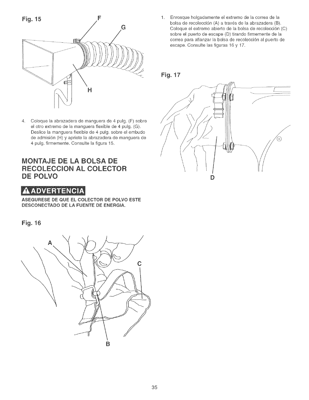 Craftsman 152.213351 operating instructions Montaje DE LA Bolsa DE Recoleccion AL Colector DE Polvo 