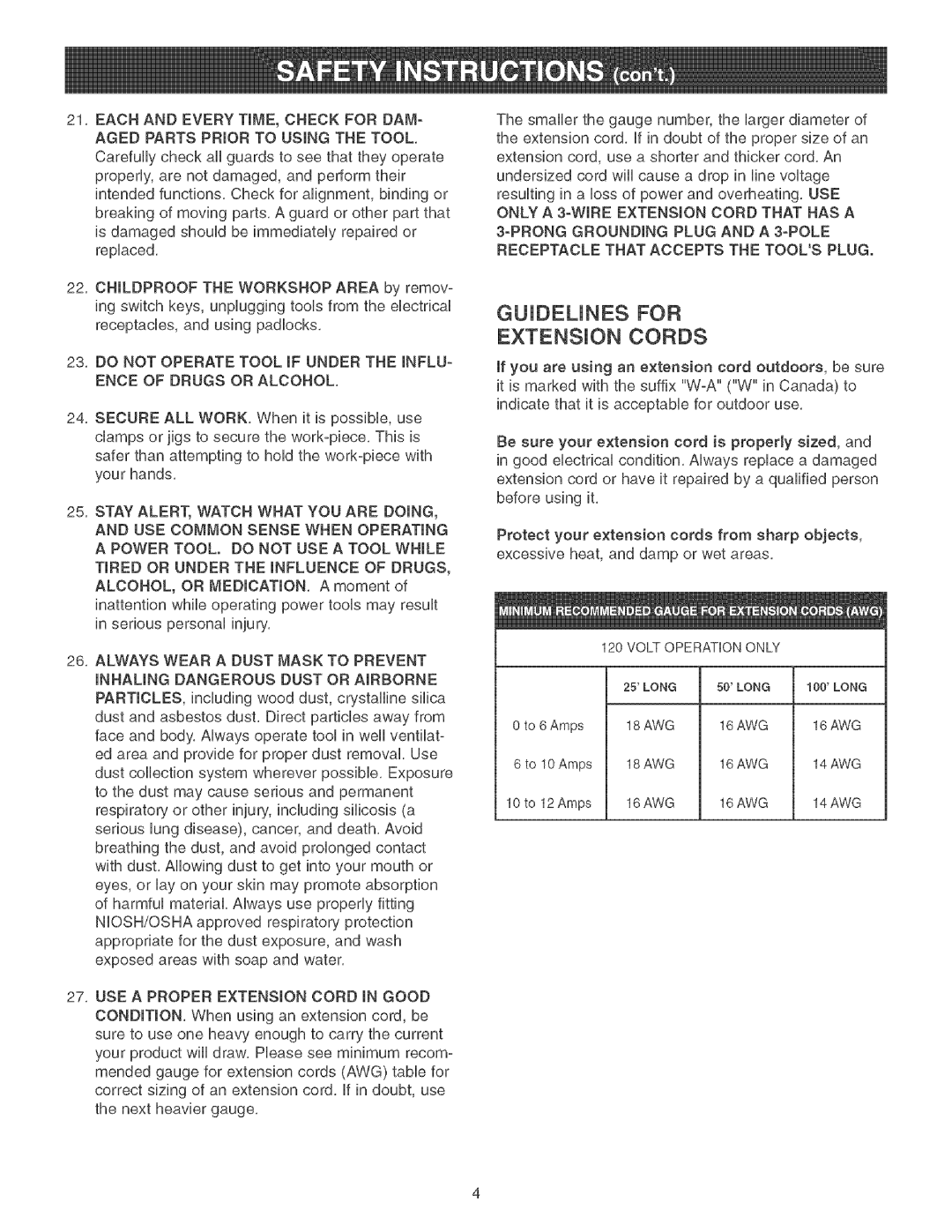 Craftsman 152.213351 operating instructions 21,EACHANDEVERYTmME,CHECK for DAM, Gujdeunes for Extension Cords 