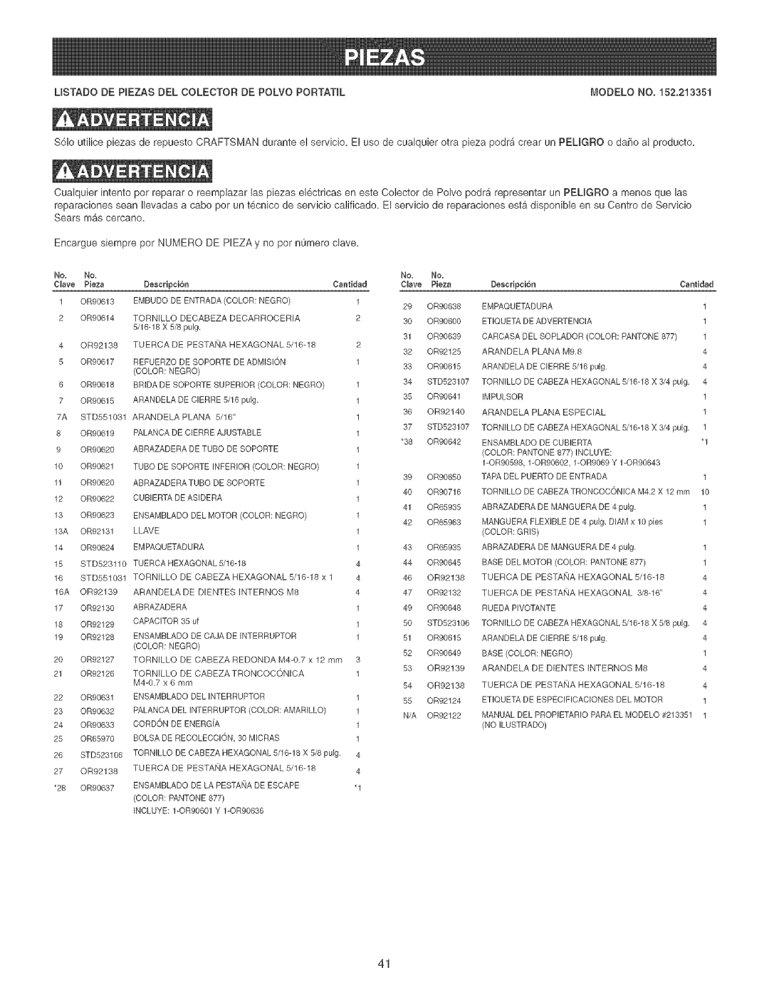 Craftsman 152.213351 operating instructions Embudo DE Entrada Color Negro 