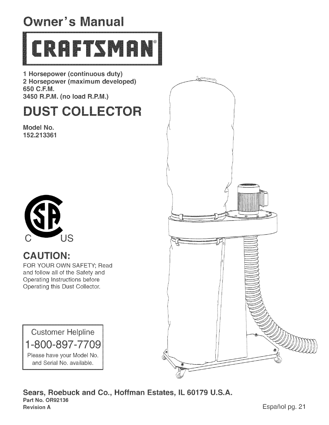 Craftsman 152.213361 operating instructions ST Coll, Sears, Roebuck and Co., Hoffman Estates, JL 0179 U.S.A 