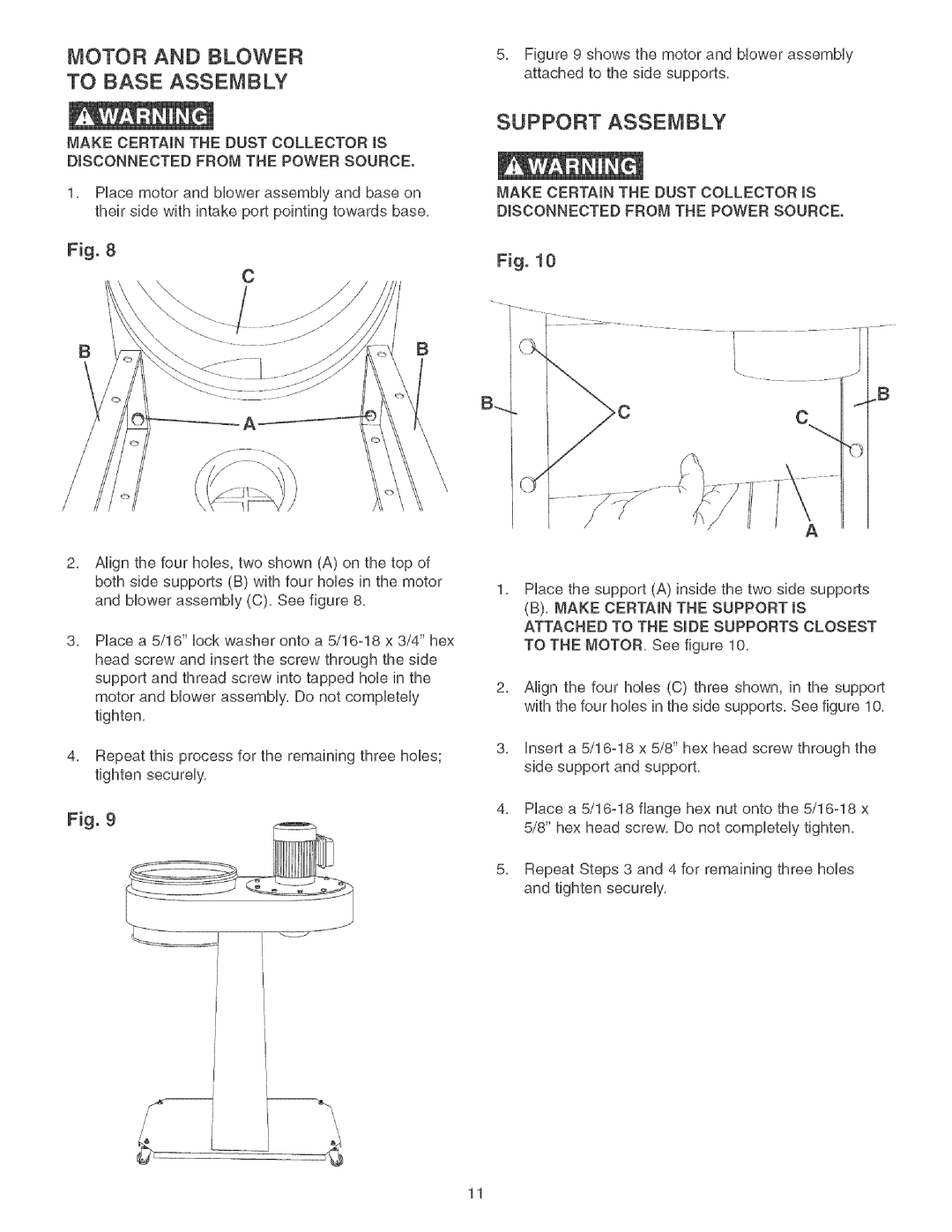 Craftsman 152.213361 operating instructions Motor and Blower To Base Assembly, Support Assembly 