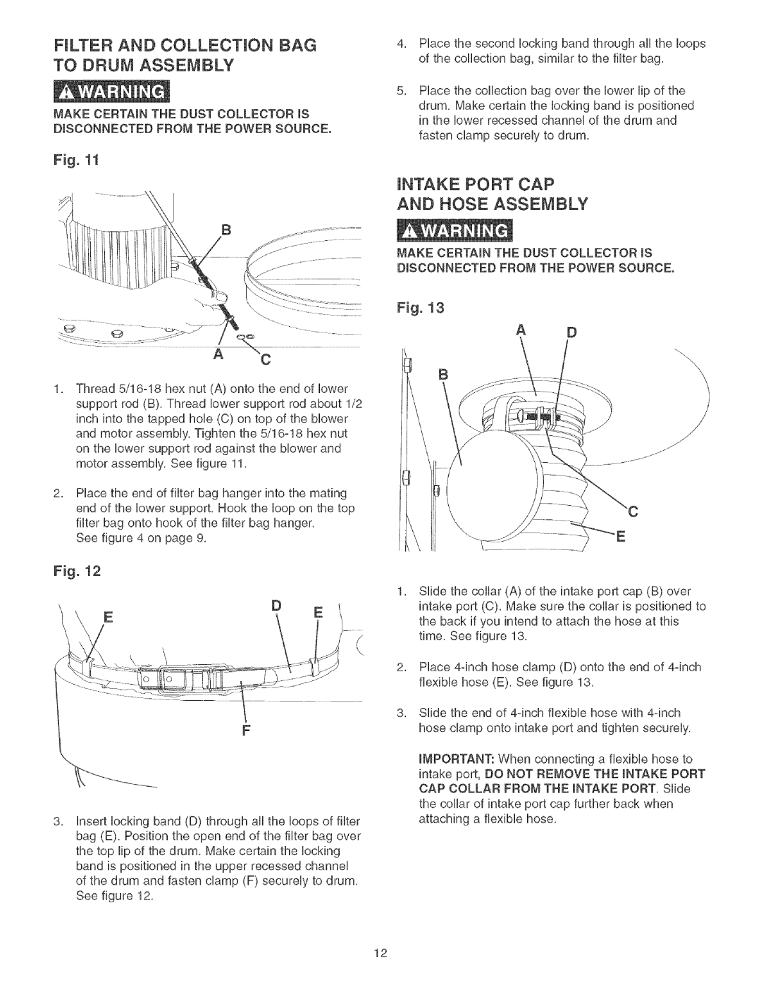 Craftsman 152.213361 operating instructions Filter and Collection BAG to Drum Assembly, INTAKE Port CAP and Hose Assembly 