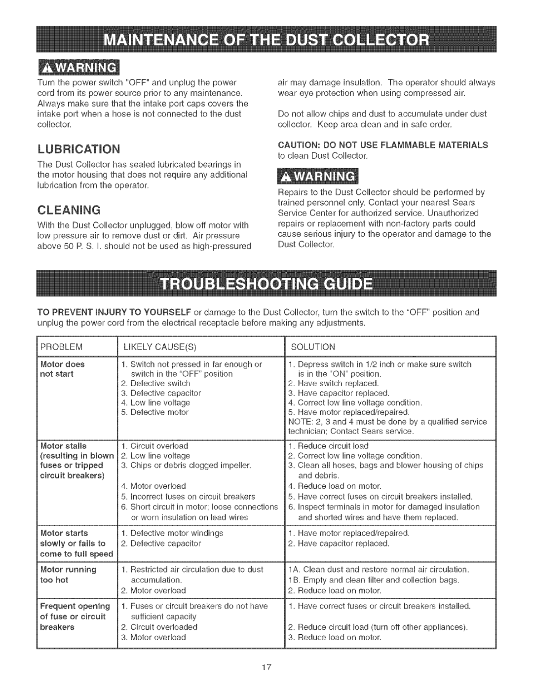 Craftsman 152.213361 operating instructions TurnthepowerswitchOFFandunplugthepower, Likely Causes Solution 