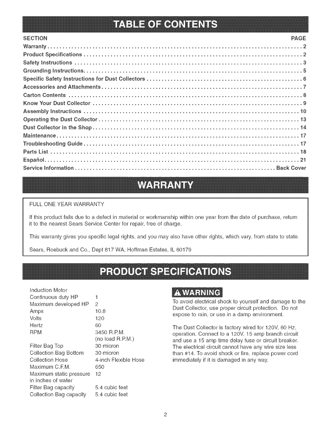 Craftsman 152.213361 operating instructions Full ONE Year Warranty, Rpm 