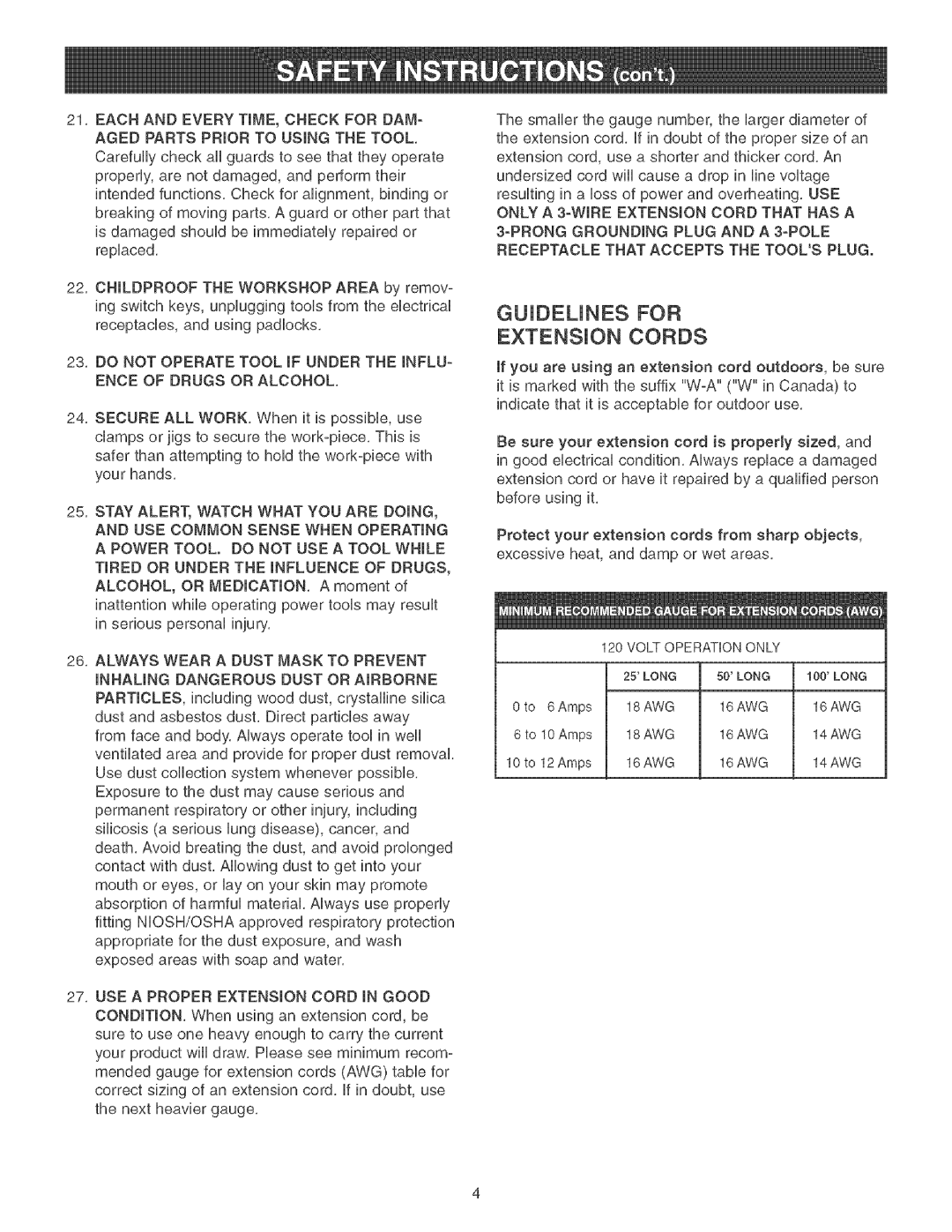 Craftsman 152.213361 operating instructions 21,EACHANDEVERYTmME,CHECK for DAM, Gujdeunes for Extension Cords 