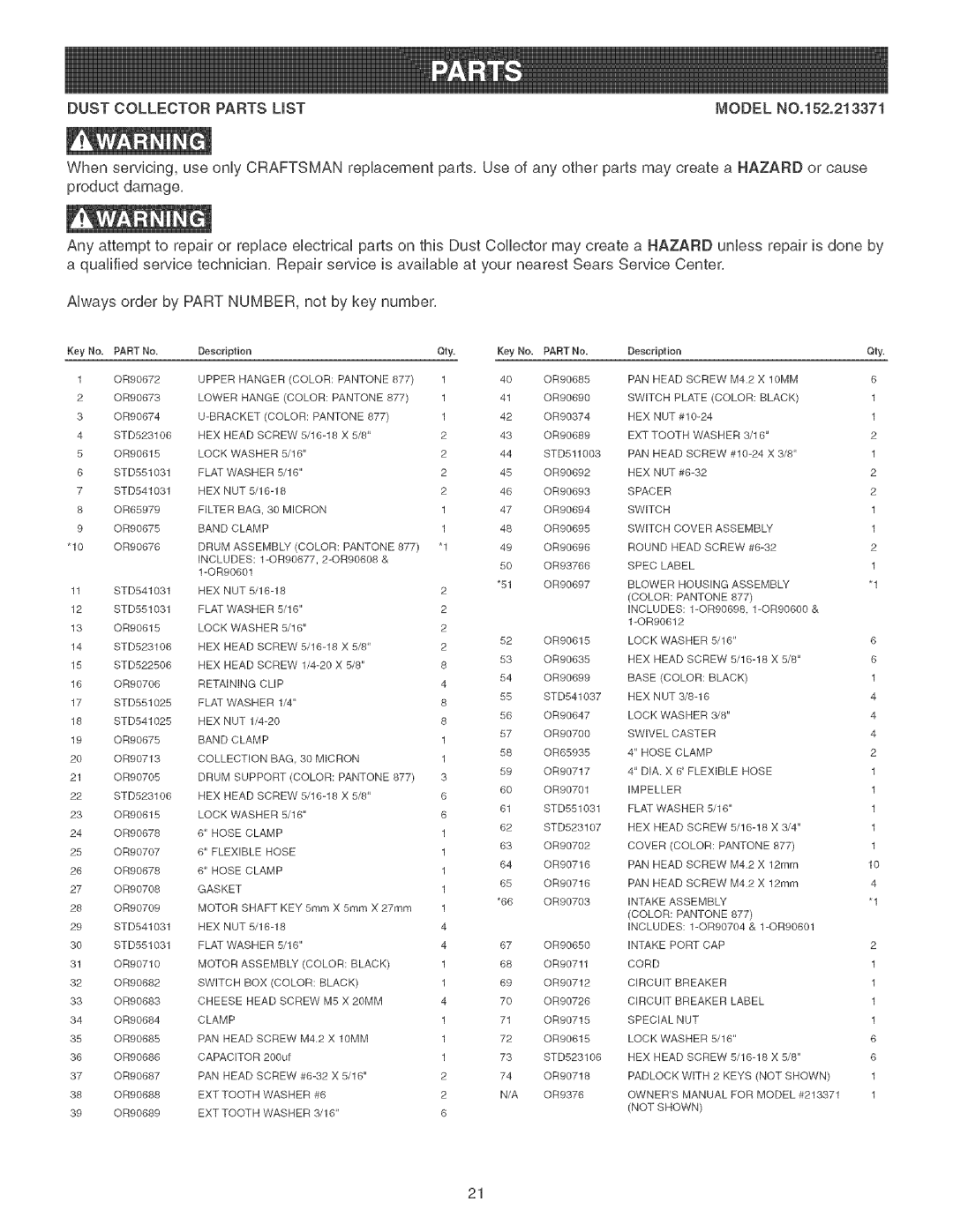 Craftsman operating instructions DUSTCOLLECTORPARTSUSTMODELNO.152.213371, AlwaysorderbyPARTNUMBER,notbykeynumber 