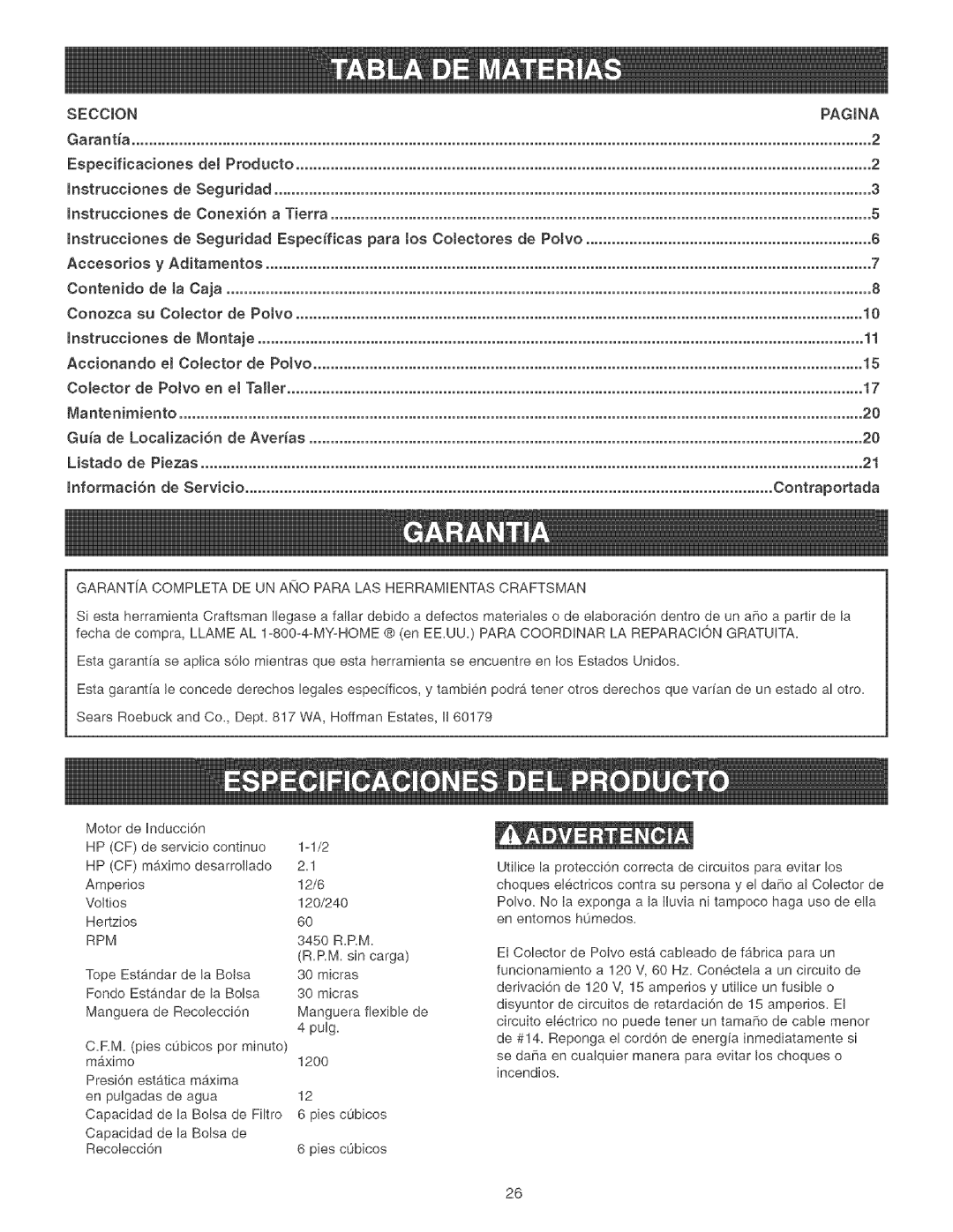 Craftsman 152.213371 operating instructions Seccion Pagina, Rpm 