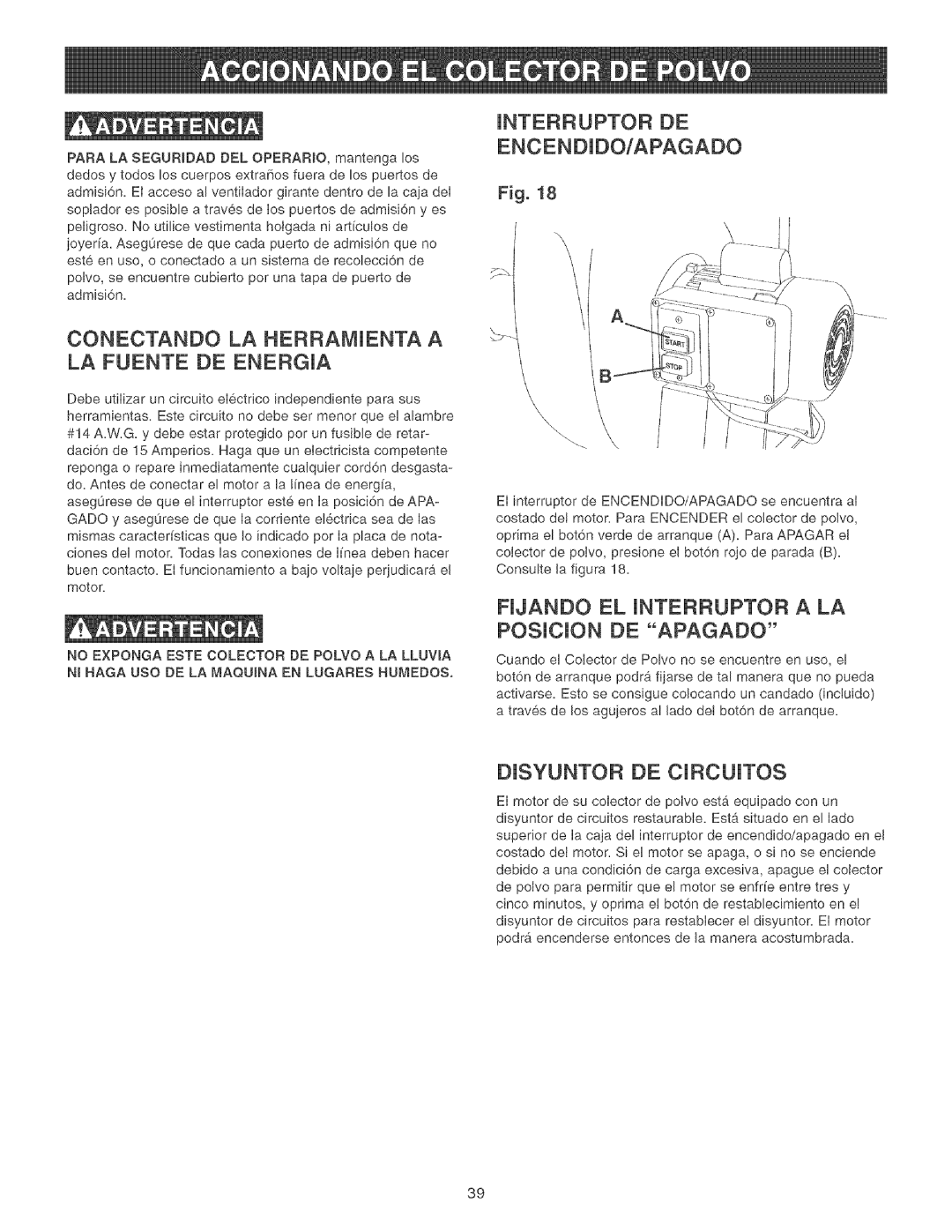 Craftsman 152.213371 operating instructions Njando EL Jnterruptor a LA Posjcjon DE Apagado, Djsyuntor DE Cjrcujtos 