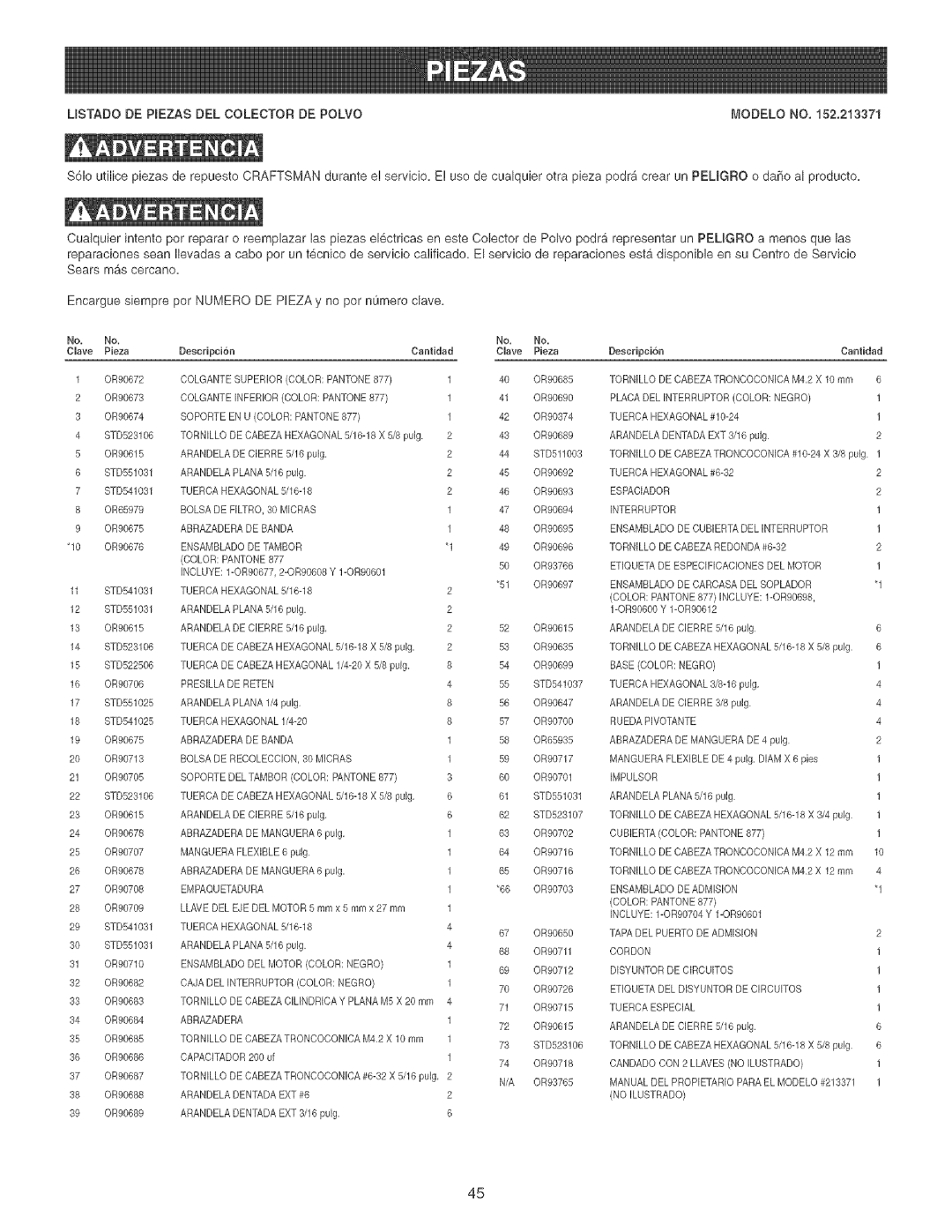 Craftsman 152.213371 operating instructions Mstado DE Piezas DEL Colector DE Polvo 