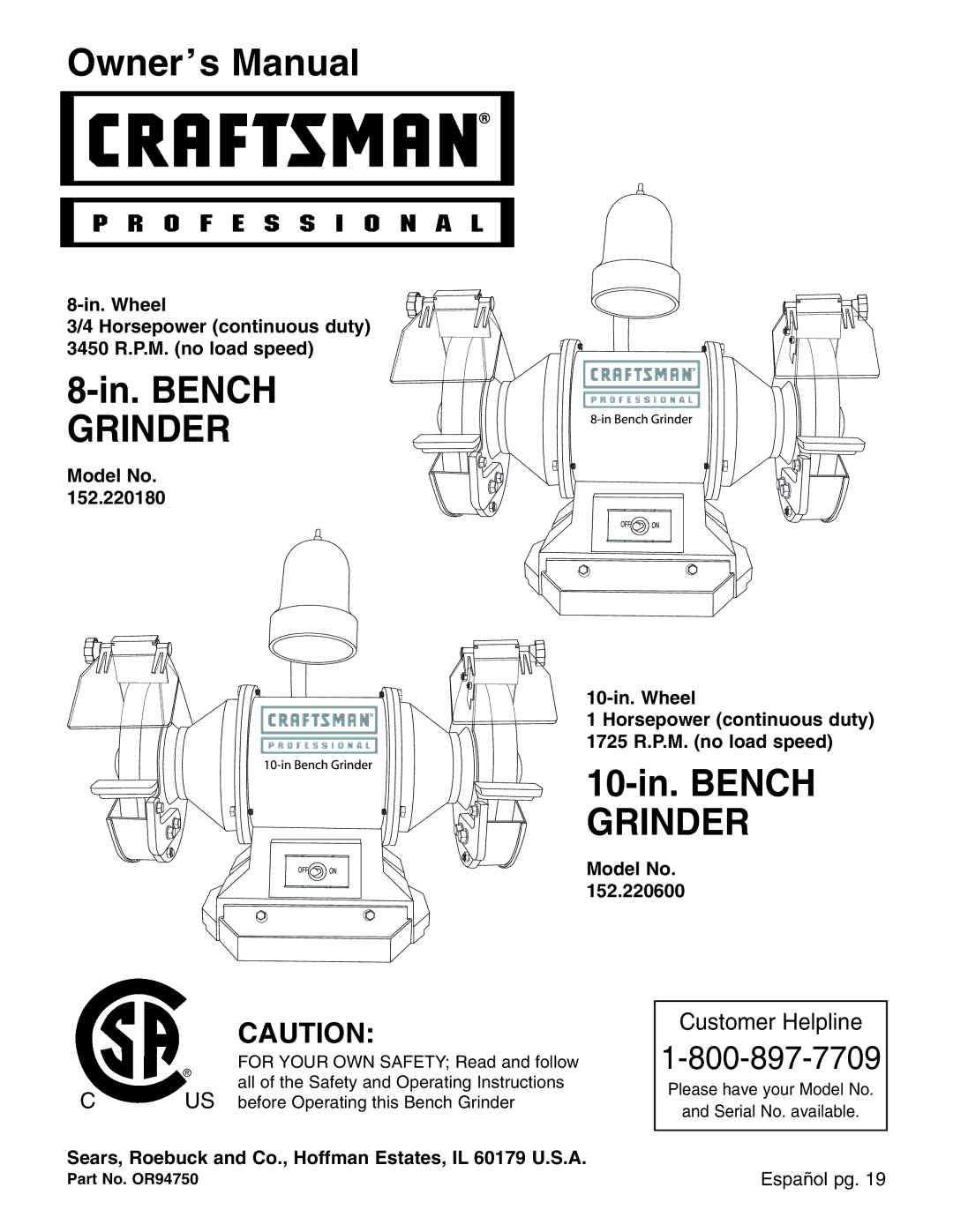 Craftsman 152.22018 owner manual In. Bench Grinder 