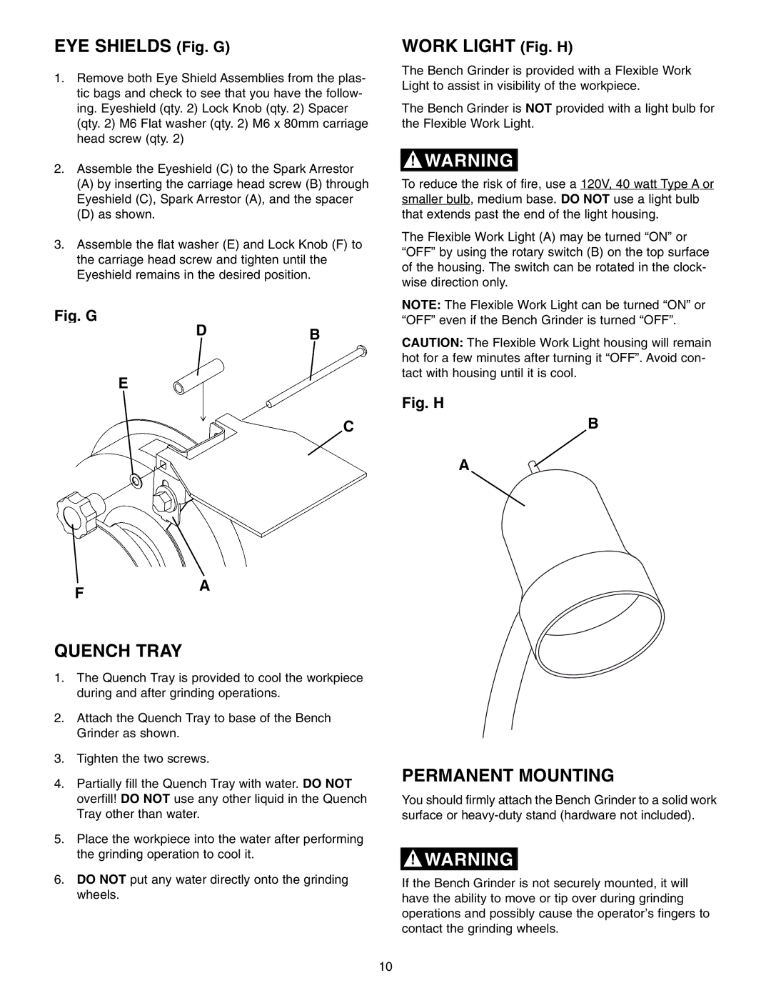 Craftsman 152.22018 owner manual EYE Shields Fig. G, Quench Tray, Work Light Fig. H, Permanent Mounting 