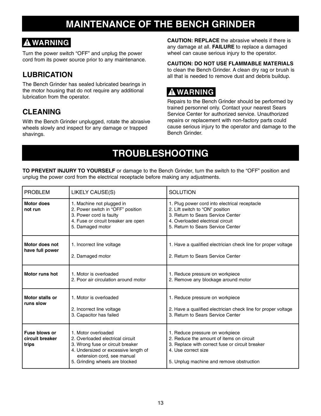 Craftsman 152.22018 owner manual Maintenance of the Bench Grinder, Troubleshooting, Lubrication, Cleaning 