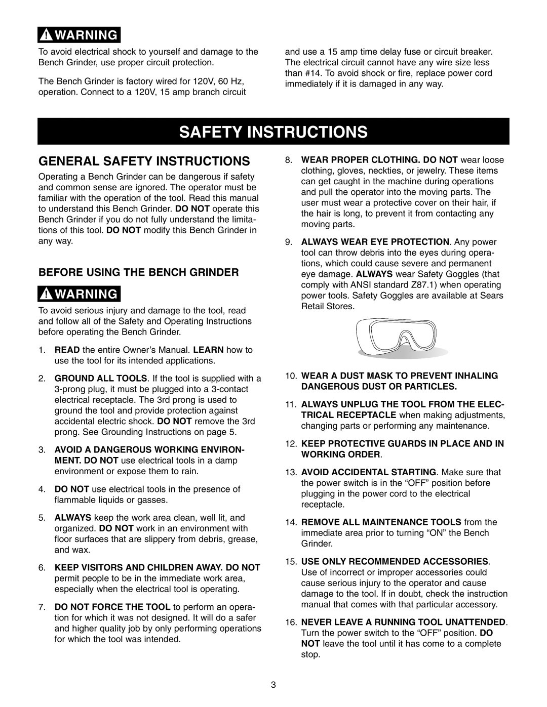 Craftsman 152.22018 owner manual General Safety Instructions, Keep Protective Guards in Place and in Working Order 