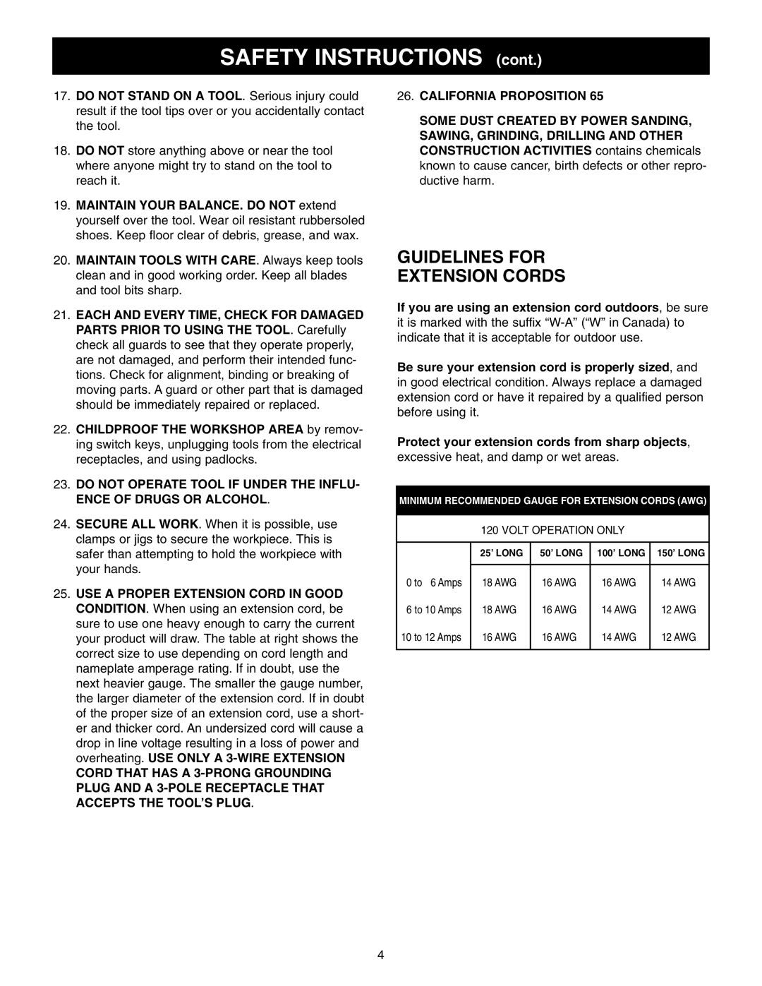 Craftsman 152.22018 owner manual Safety Instructions, Guidelines for Extension Cords 