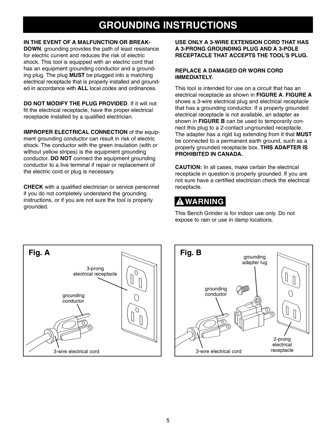 Craftsman 152.22018 owner manual Grounding Instructions, Prohibited in Canada 