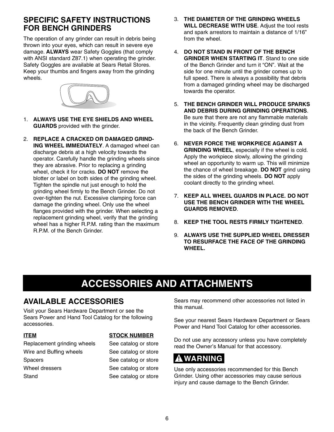 Craftsman 152.22018 owner manual Accessories and Attachments, Available Accessories, Stock Number 