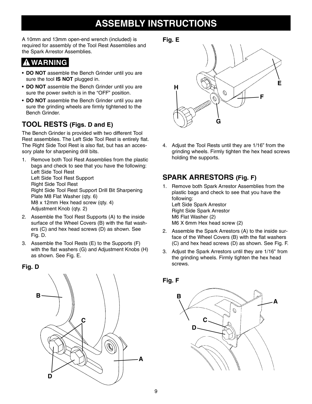 Craftsman 152.22018 owner manual Assembly Instructions, Spark Arrestors Fig. F 