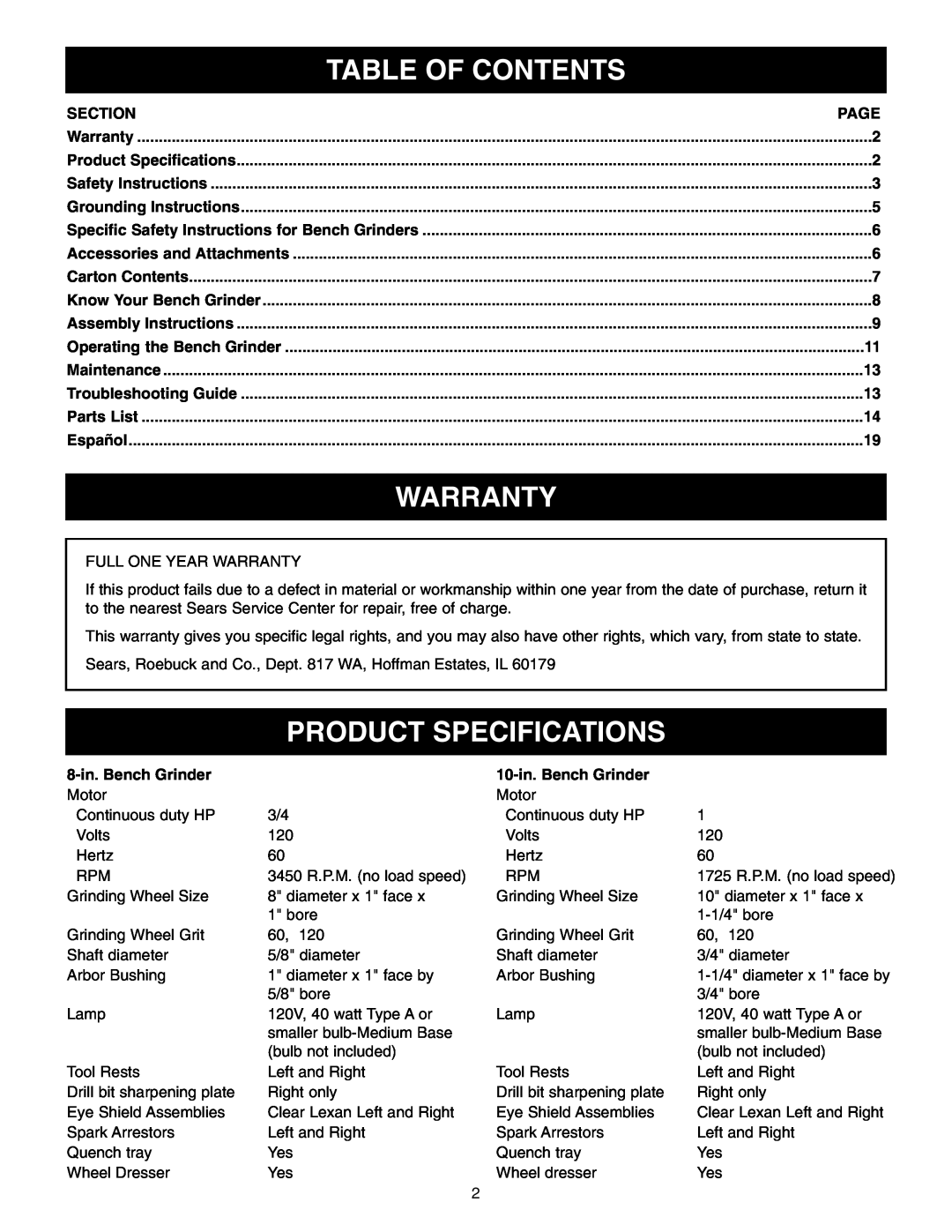 Craftsman 152.22018 owner manual Table Of Contents, Warranty, Product Specifications, Section, Page, 8-in. Bench Grinder 