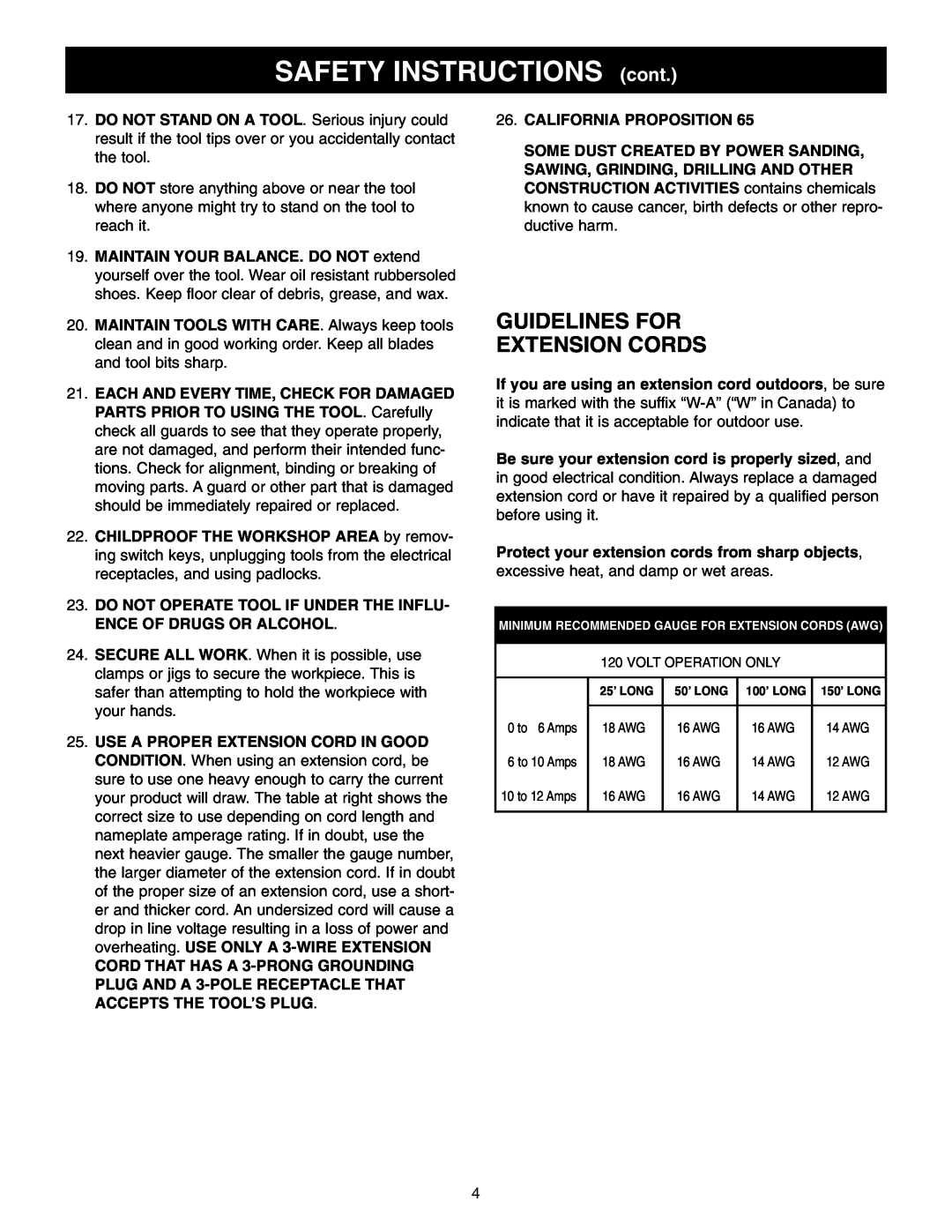 Craftsman 152.22018 owner manual SAFETY INSTRUCTIONS cont, Guidelines For Extension Cords 