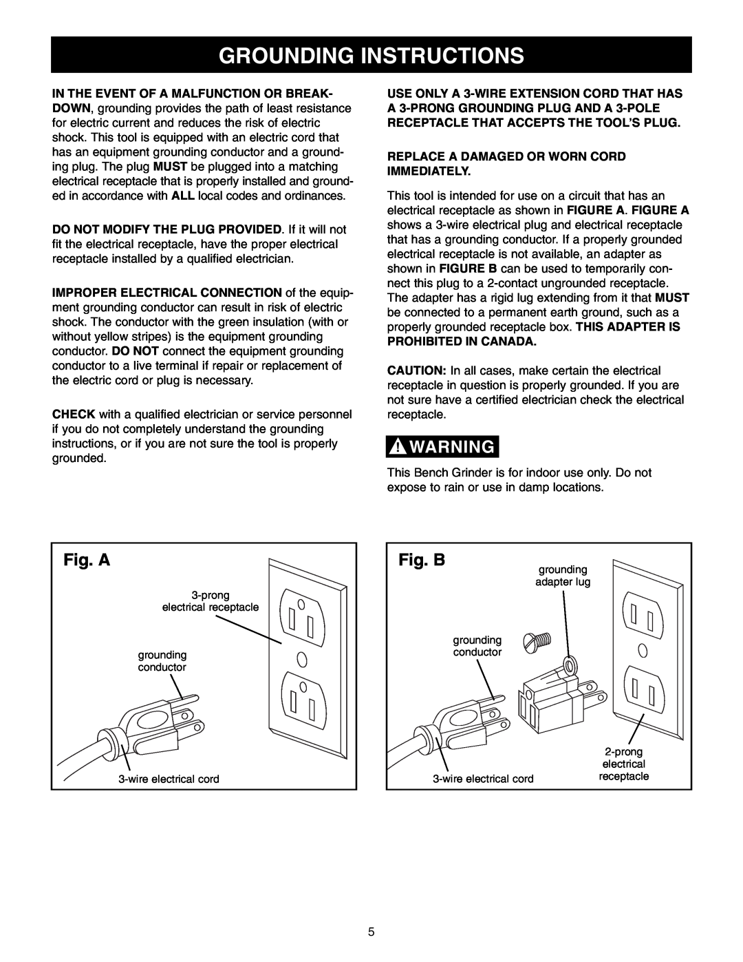 Craftsman 152.22018 owner manual Grounding Instructions, Fig. A, Fig. B 