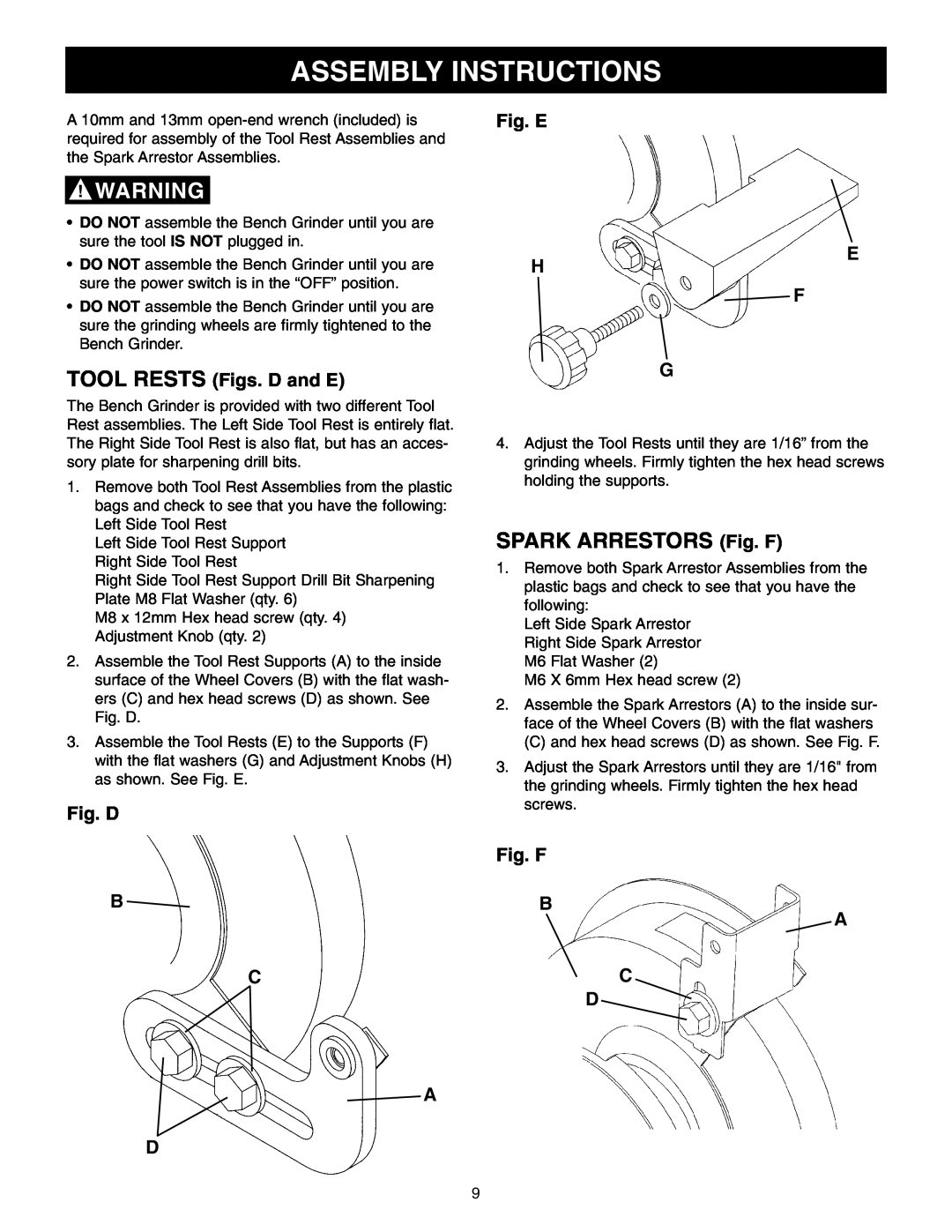 Craftsman 152.22018 owner manual Assembly Instructions, SPARK ARRESTORS Fig. F 