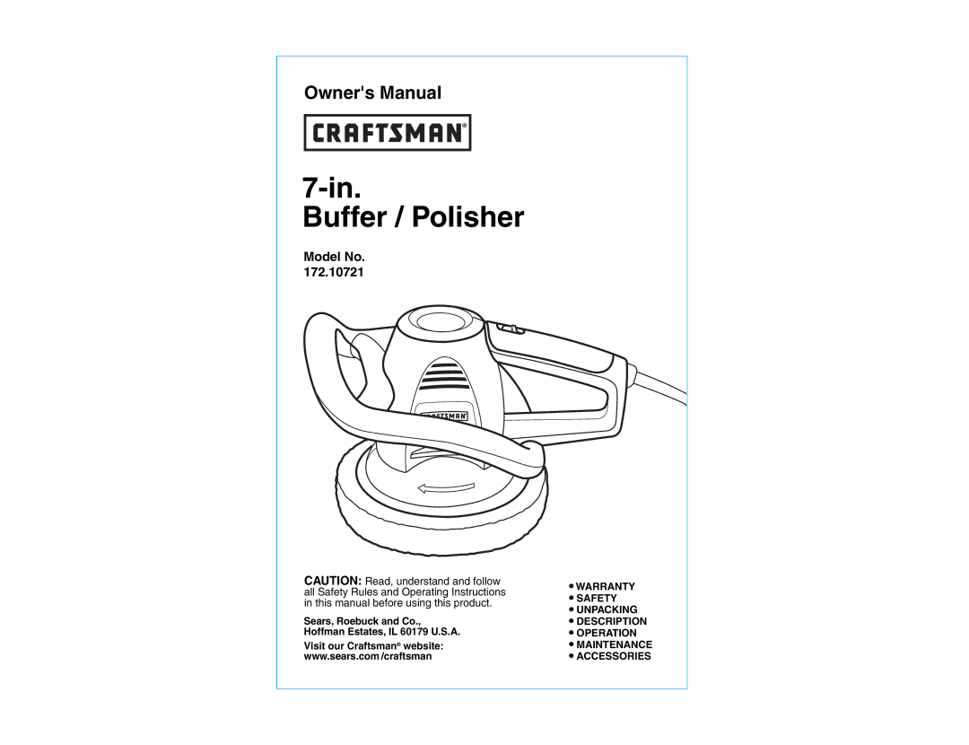 Craftsman 172.10721 owner manual Buffer / Polisher, Sears, Roebuck and Co., Hoffman Estates, IL 60179 U.S.A 