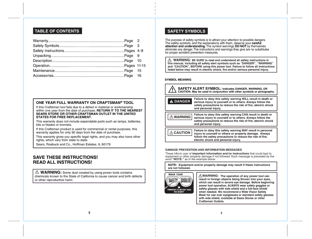 Craftsman 172.10721 owner manual Table of Contents, Safety Symbols 